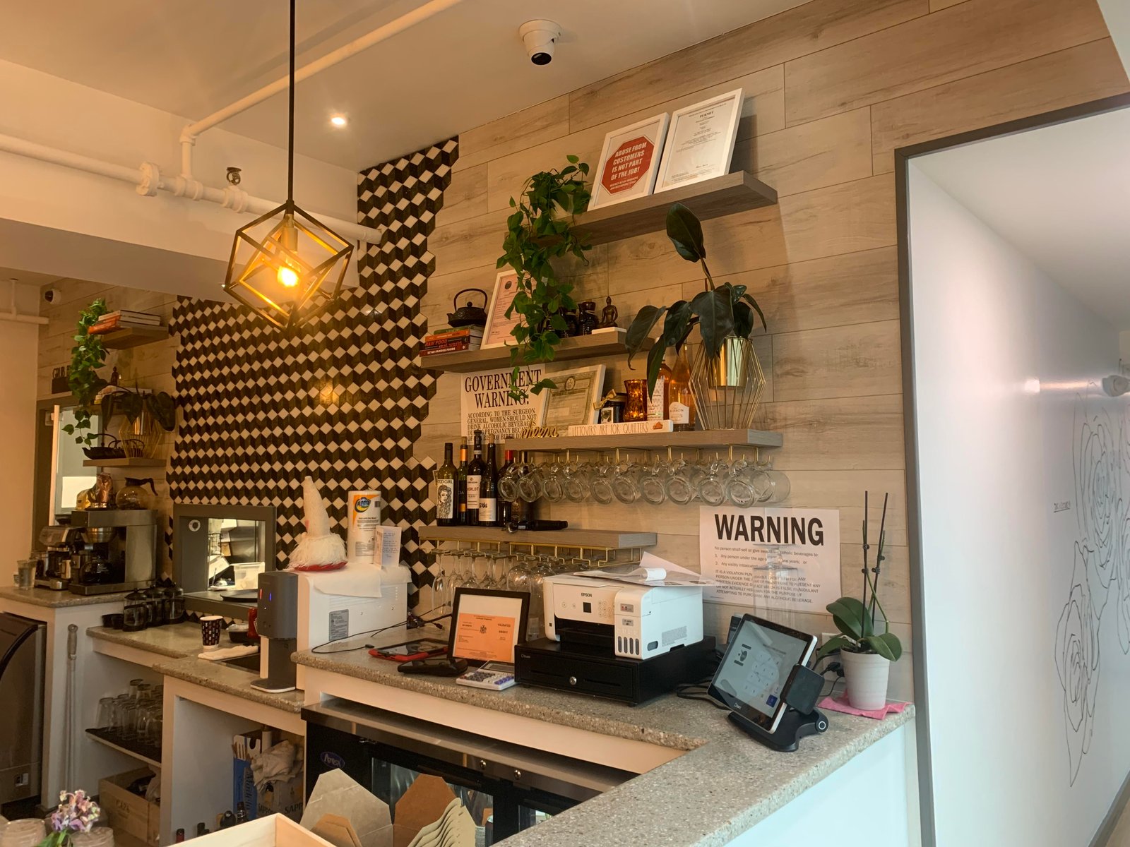 Sleek checkout counter with calm lighting
